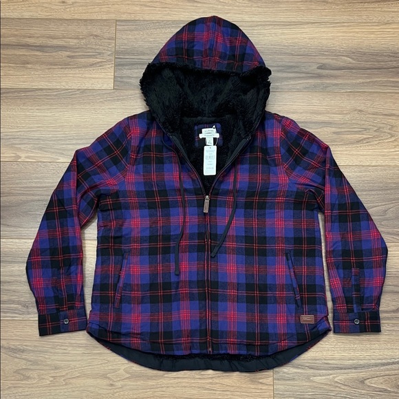 NEW LL Bean Sherpa Lined Zip Up Hoodie in Scotch Plaid Purple/Red/Black - Medium - Picture 1 of 12